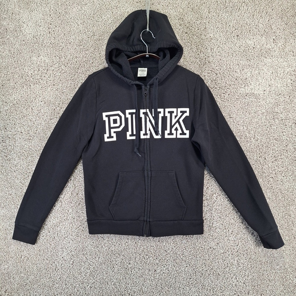 PINK Victoria's Secret Hoodie Women M Black Full Zip Logo Fleece Casual Y2K
